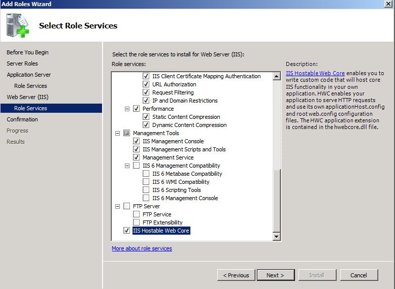 web server role services screen web core